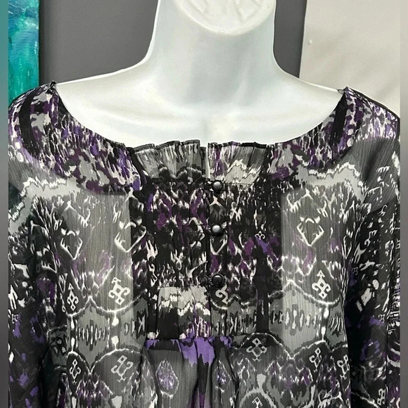 Women’s 3X SHEER Blouse Gray Purple Pleat Ruffle Long Sleeve Whimsigoth - Picture 2 of 15